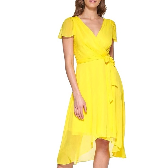 DKNY Women's Short Sleeve Yellow Size 12 Asymmetrical Hem Faux Wrap Dress - Picture 1 of 16